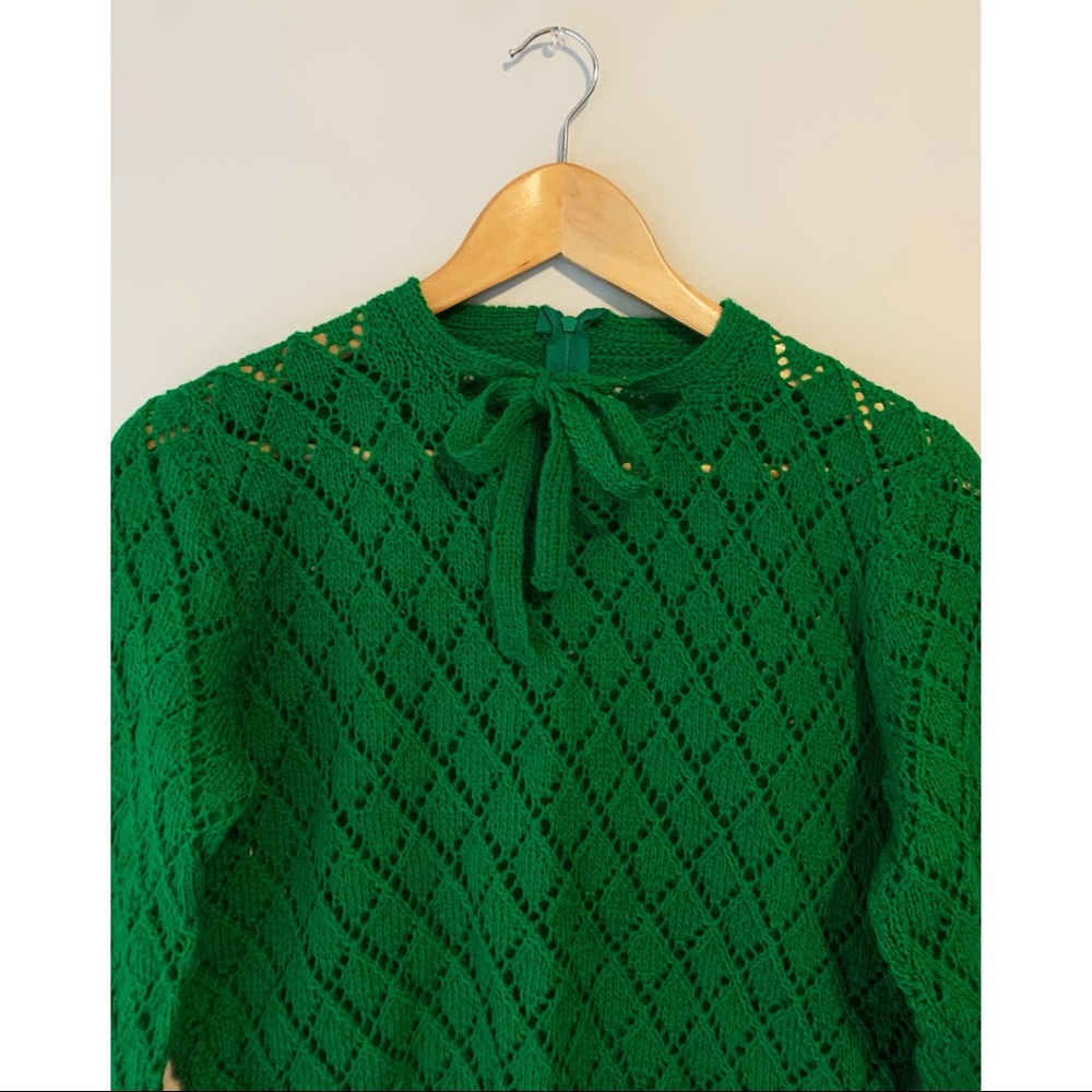Vintage Green Knit Crochet Sweater Pullover Jumper - Picture 6 of 10